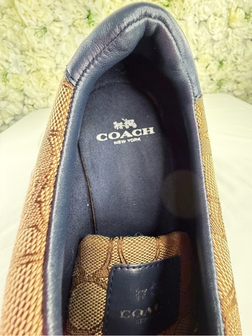 Coach Signature Sneakers Brown Canvas Navy Suede Lace Up Flats - Picture 5 of 10